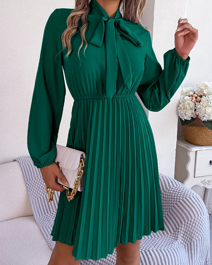 Bow Long Sleeve Chiffon Pleated Dress