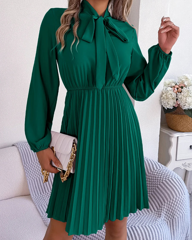 Bow Long Sleeve Chiffon Pleated Dress