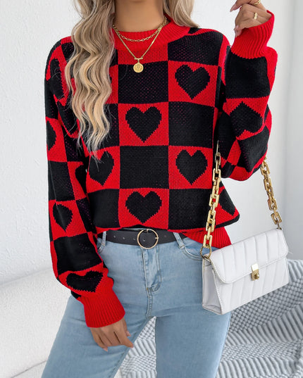 Plaid Heart Pattern Knit Sweater
