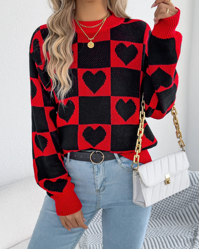 Plaid Heart Pattern Knit Sweater