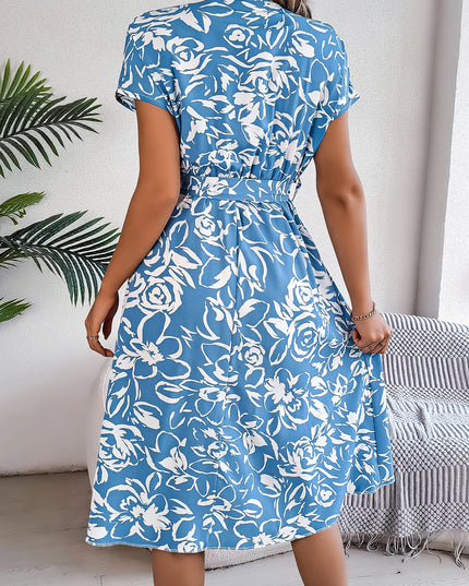 Button V Neck Flower Printed Short Sleeve A-line Dress