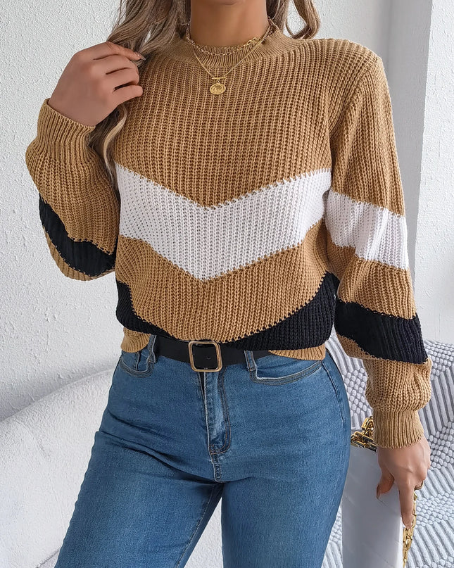 Color Blocking Round Neck Pullover
