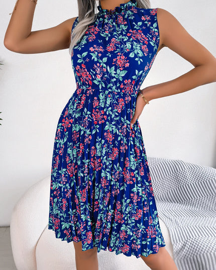 Floral Print Sleeveless Pleated Dress