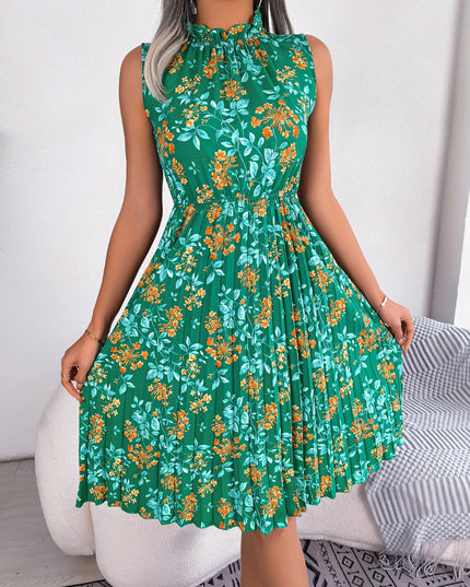 Floral Print Sleeveless Pleated Dress