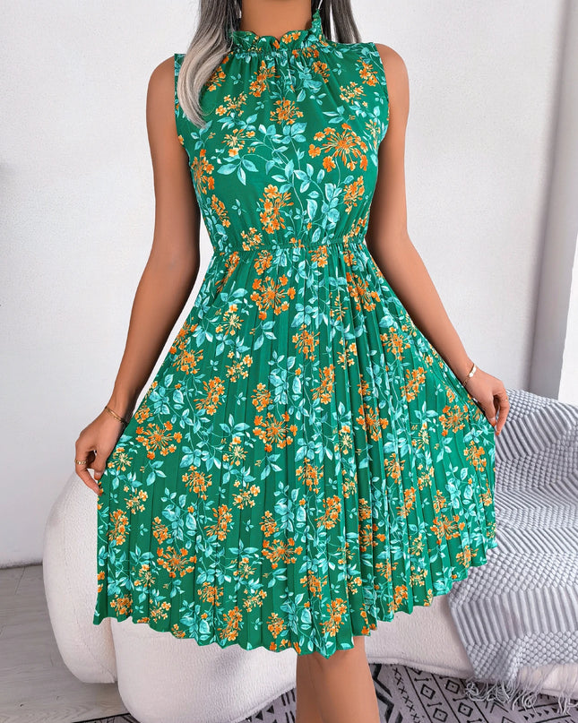 Floral Print Sleeveless Pleated Dress