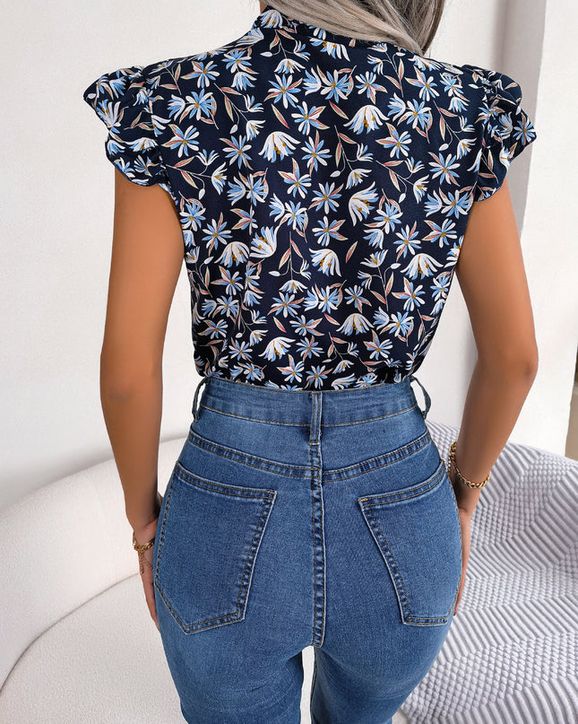 Floral Bow Ruffle Chiffon Blouse