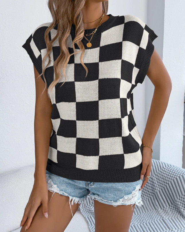 Color Block Plaid Short Sleeve Knit Top