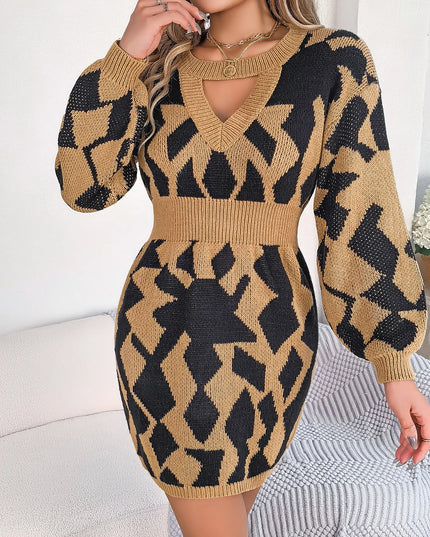 Hollow Out Lantern Sleeve Knitted Dress