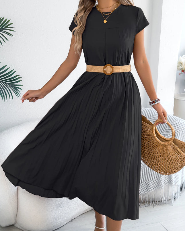 Solid Color Maxi Dress with Pleated Swings