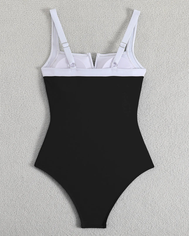 2025 New Summer Sexy High Waist one-piece Bikini Women's V-neck Sling Swimsuit Color matching Swimwear Gathered Tight Beachwear