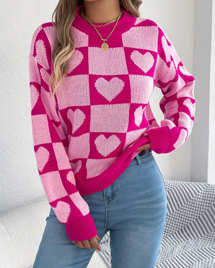 Plaid Heart Pattern Knit Sweater