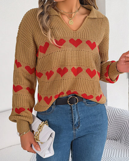 V Neck Heart Pattern Pullover