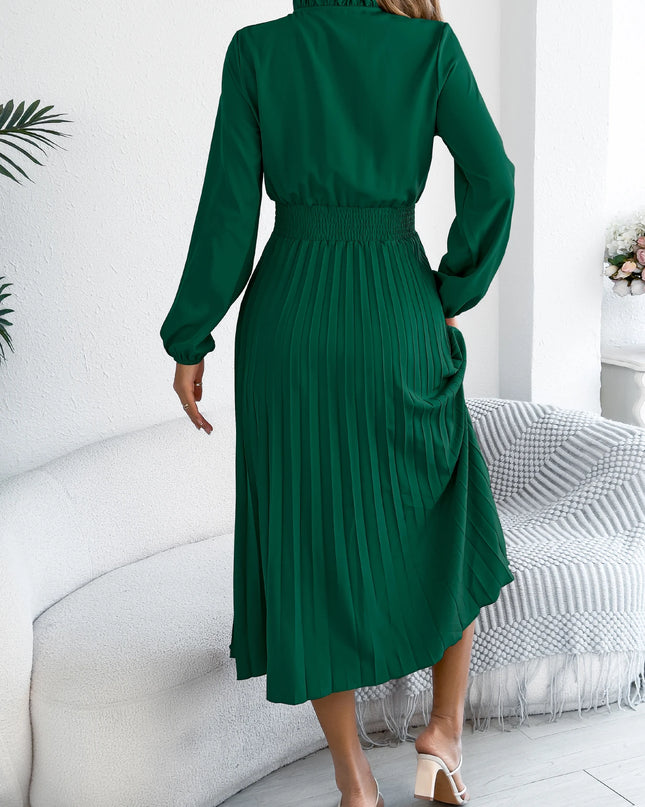 V Neck Lace Up Pleated Maxi Dress