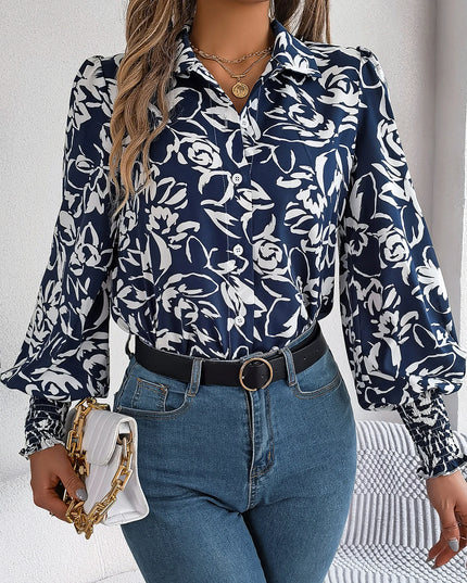 Flower Printed Lantern Sleeve Chiffon Blouse