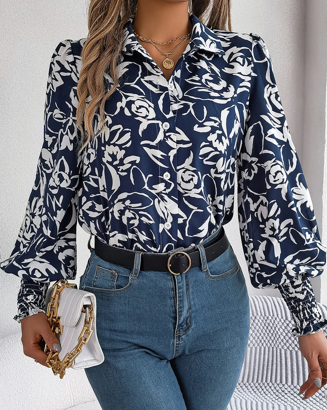 Flower Printed Lantern Sleeve Chiffon Blouse