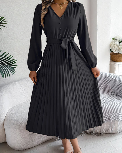 Button V Neck Lace Up Pleated Dress