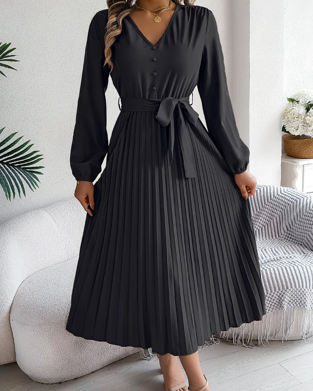 Button V Neck Lace Up Pleated Dress