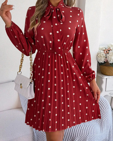 Polka Dot Lace-Up Pleated Dress