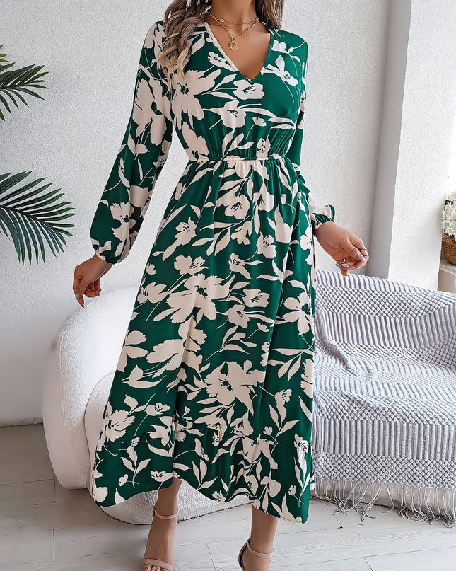 V Neck Floral Ruffled Maxi Dress