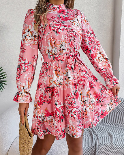 Flower Print Standing Neck Ruffle Edge Dress