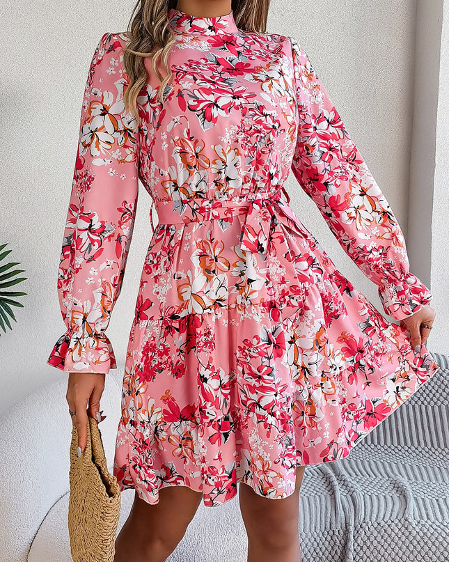 Flower Print Standing Neck Ruffle Edge Dress