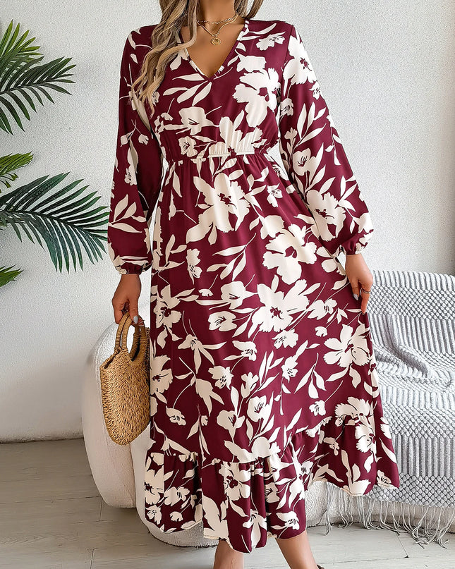 V Neck Floral Ruffled Maxi Dress