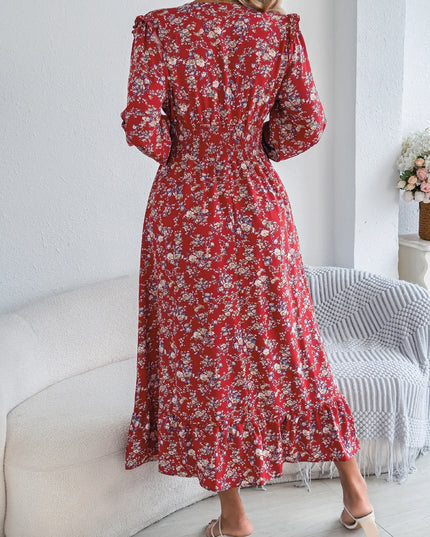 V Neck Floral Ruffled Maxi Dress