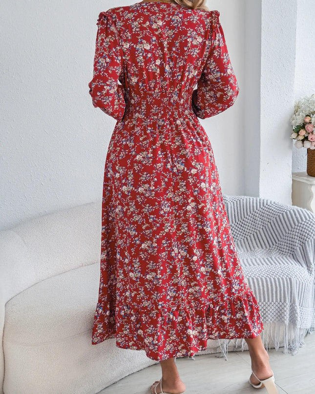 V Neck Floral Ruffled Maxi Dress