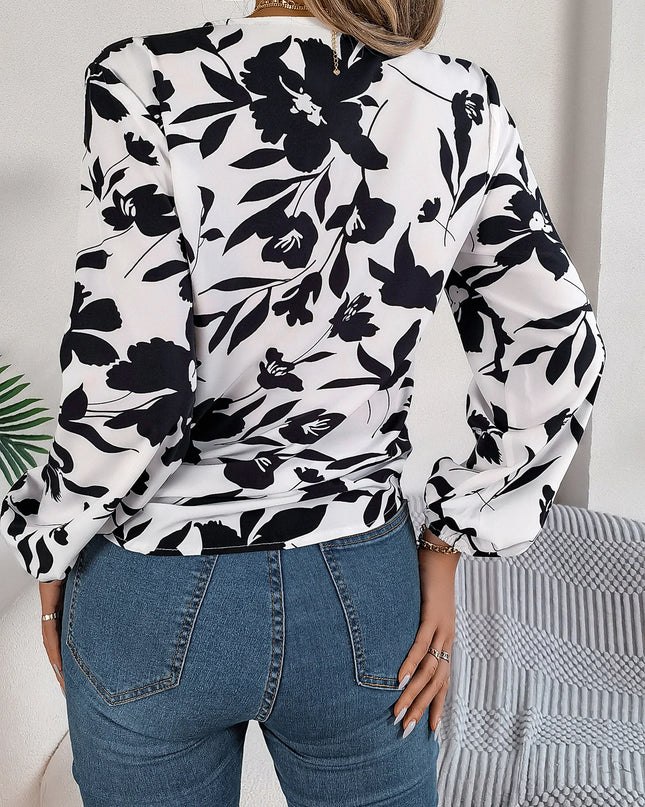 Flower Print Lace Up Bow Chiffon Blouse