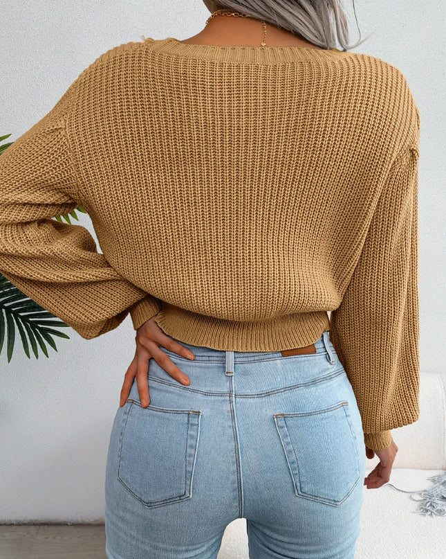 Lantern Sleeve Slim Waist Knit Pullover