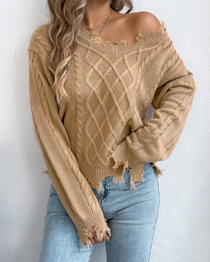 Ripped Tassel Lantern Sleeve Knit Sweater
