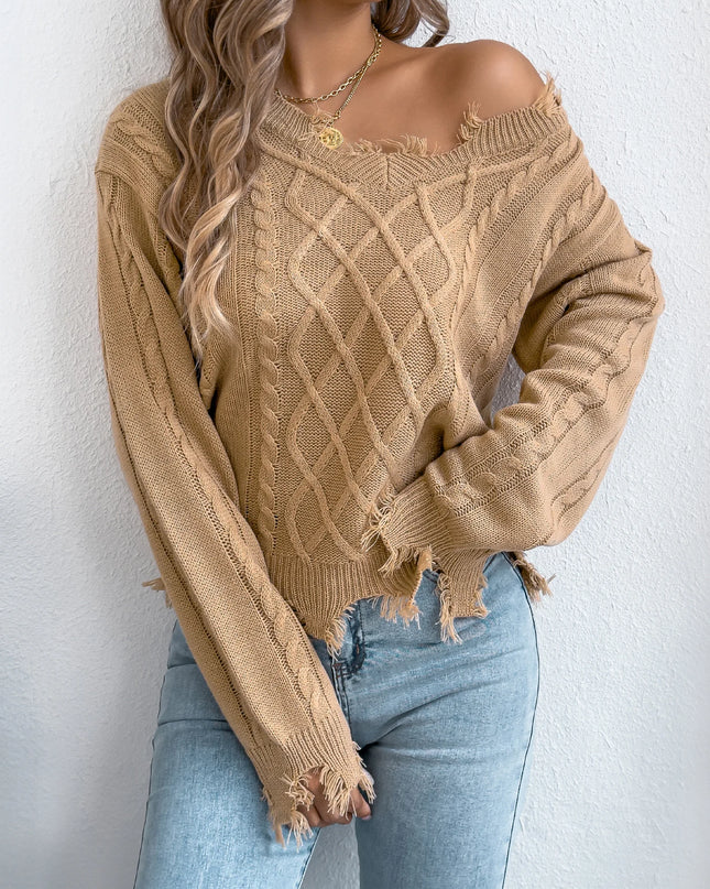 Ripped Tassel Lantern Sleeve Knit Sweater