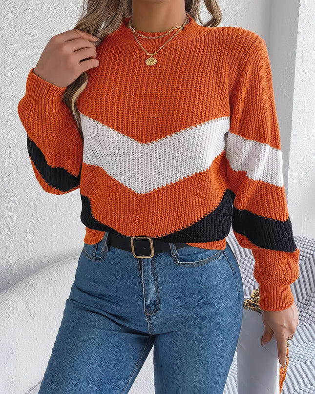 Color Blocking Round Neck Pullover