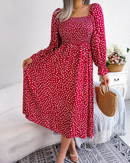 Polka Dot Square Neck Long Sleeve Dress