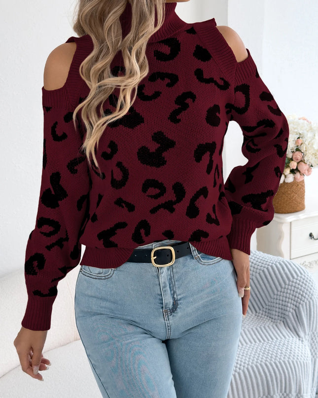 Off-Shoulder Leopard Knit Sweater
