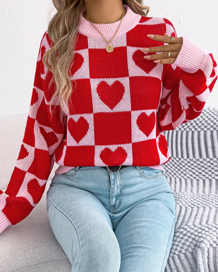 Plaid Heart Pattern Knit Sweater