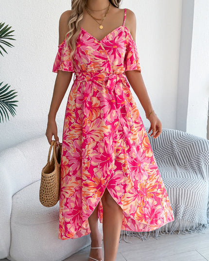 Off Shoulder Floral Print Long Dress with Belt