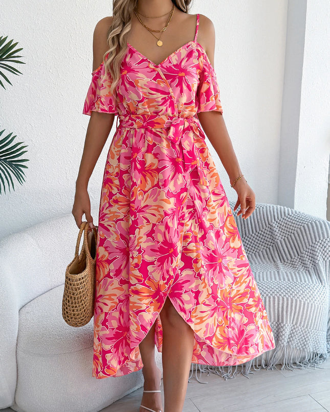 Off Shoulder Floral Print Long Dress with Belt