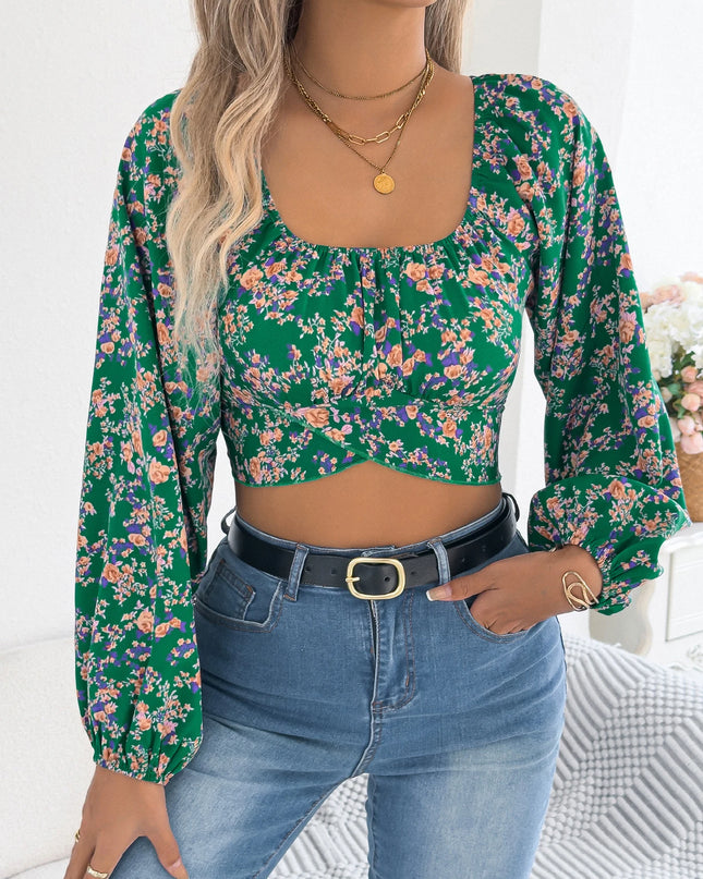 Floral Print Square Neck Chiffon Crop Top