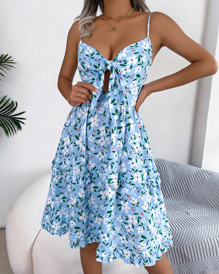 Lace Up Floral Ruffled A Line Dress