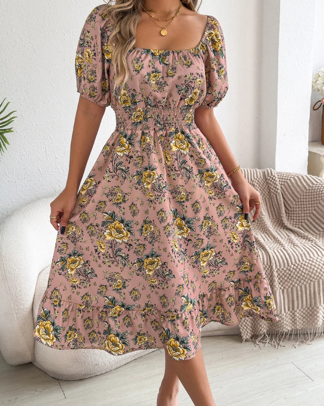 Ruffled Short Sleeve Floral Midi Dress