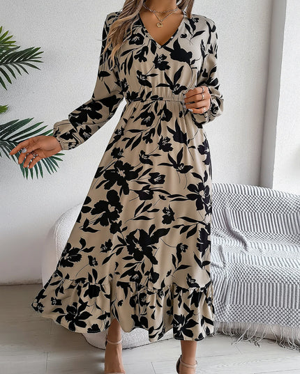 V Neck Floral Ruffled Maxi Dress