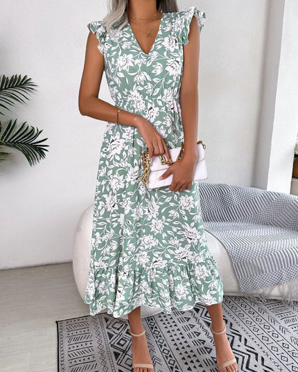 Floral Print V Neck Long Dress