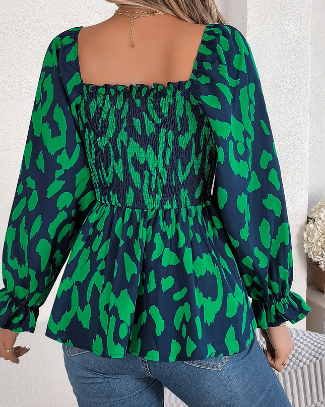 Square Neck Leopard Print Chiffon Blouse