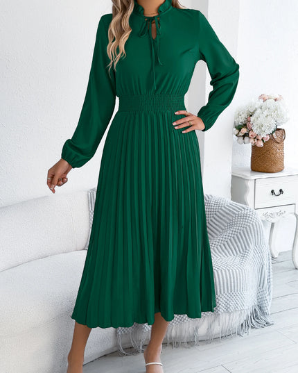 V Neck Lace Up Pleated Maxi Dress