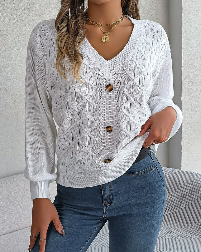 V Neck Buttons Twist Knit Sweater