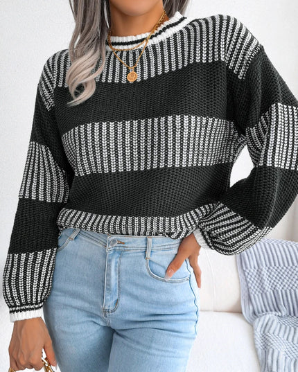 Contrast Striped Round Neck Pullover