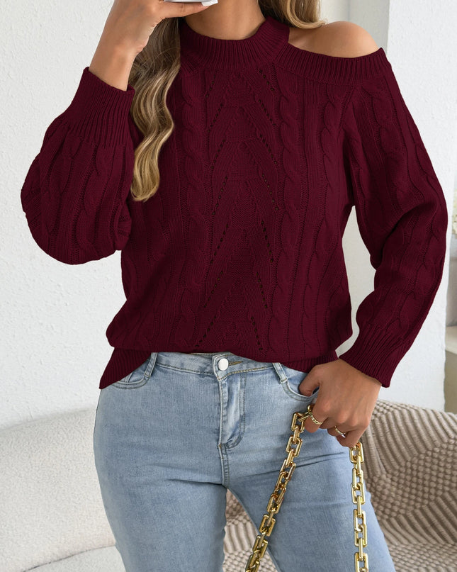 Off-Shoulder Hollow-Out Lantern-Sleeve Sweater