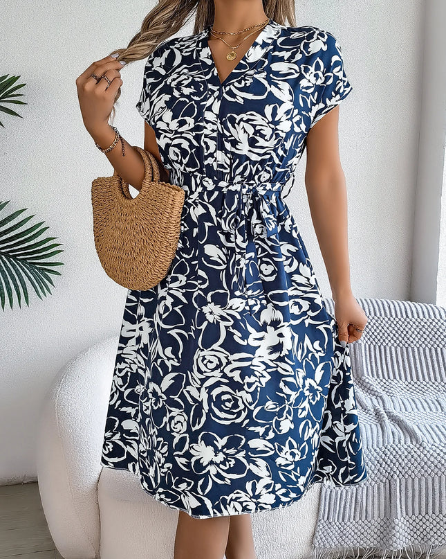 Button V Neck Flower Printed Short Sleeve A-line Dress