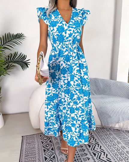 Floral Print V Neck Long Dress